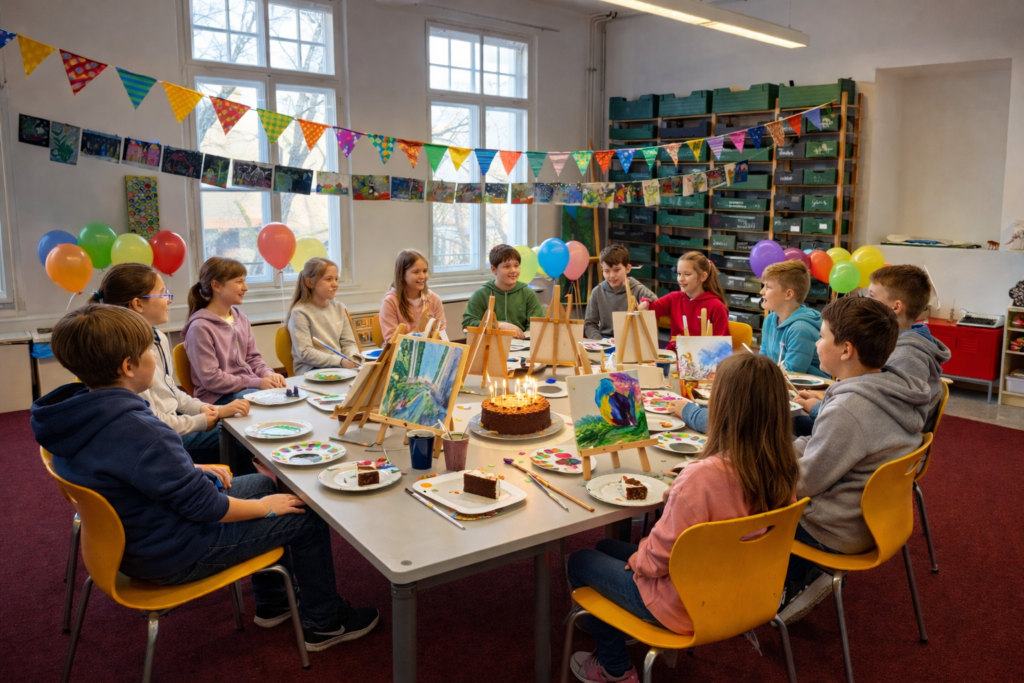Illustration (KI-generiert): Kreativer Kindergeburtstag in einer Kunstschule